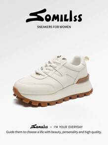 somiliss 5cm Platform Lace-Up Sports Casual Shoes For Women, Black & White Faux Leather & Fabric, Comfortable Tennis/Running Sneakers, Fashion Classic Outdoor Walking Shoes, Spring 2025 New Arrival - Beige - View 2