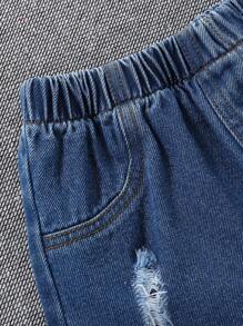 2 件装幼儿男童休闲游戏图案 T 恤和破洞牛仔短裤套装 - 彩色 - 查看 6