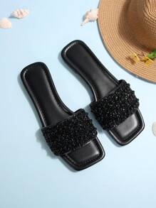 Women Rhinestones Strap Slide Sandals, Casual Versatile Outdoor Plastic Flat Slippers - Black - View 3