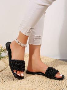 Women Rhinestones Strap Slide Sandals, Casual Versatile Outdoor Plastic Flat Slippers - Black - View 6