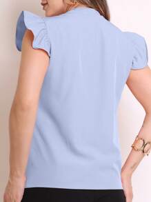 MARILYN MONNA New Women's Solid Color Classic V-Neck Ruffle Elegant Notched Neck Sleeve Blouse - 淺藍色 - 查看 2