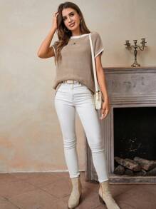 Áo len dệt kim tay cánh dơi phối màu tương phản thường ngày cho nữ Áo len dệt kim tay lửng Áo vest không tay Áo mùa hè Quần áo mùa xuân Áo ba lỗ quá khổ Áo phông - Màu Khaki - Xem 7