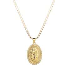 dollrinboy 1 st. 14K vergulde Guadalupe Maagd Maria ovale hanger ketting voor vrouwen mannen Zirconia inlay Maagd Maria 3mm platte Figaro ketting