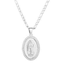 dollrinboy 1 st. 14K vergulde Guadalupe Maagd Maria ovale hanger ketting voor vrouwen mannen Zirconia inlay Maagd Maria 3mm platte Figaro ketting