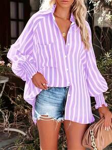 Blusa feminina plus size elegante de primavera/verão com listras, lavagem vintage e modelagem solta, mangas bufantes. Ideal para viagens e férias. - Roxo Malva - Ver 5