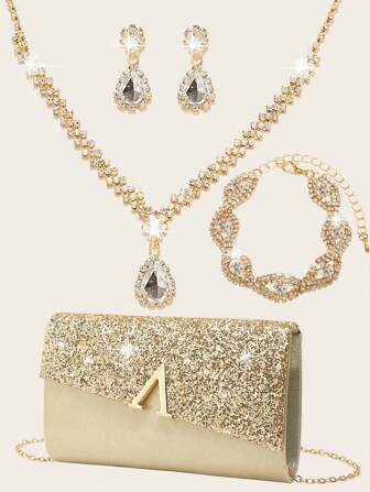 4 Pieces Rhinestone Jewelry Set Bling Necklace Earrings Bracelets Set For Wedding Clutch Purses Bag For Women Evening Glitter Dinner Bag Envelope Clutch Bag Wedding Party Bridal Purse Women's Evening Ball Clutch Party Wallet New Wedding Party Bridal Purse, Prom Bag For Party