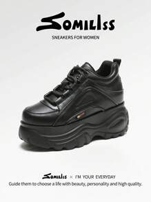 somiliss 1 Pair Women's Casual Lace-Up Sneakers, Black Faux Leather, Lightweight & Comfortable, Fashionable Low-Top Thick Sole 8cm Platform, Suitable For Outdoor Sports, Autumn/Winter 2025 New Arrival - Black - View 2
