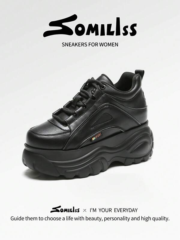 somiliss 1 Pair Women's Sporty Non-Slip Casual Shoes, New 2025 Autumn/Winter Model, Front Lace-Up, Black Microfiber Leather, Lightweight & Comfortable, Fashionable Low-Top, 8cm Thick Sole, Outdoor Sports Sneakers