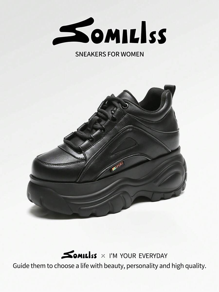 somiliss 1 Pair Women's Casual Lace-Up Sneakers, Black Faux Leather, Lightweight & Comfortable, Fashionable Low-Top Thick Sole 8cm Platform, Suitable For Outdoor Sports, Autumn/Winter 2025 New Arrival