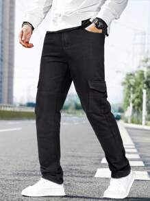 Plus Size Men's Fashionable Casual Outdoor Activities Jeans, Street, Hip Hop, Dance Party, Jogging Versatile Comfortable Multipocket Dark-Colored Denim Cargo Pants