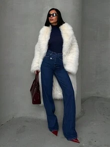 Dark Blue Denim Pants With Double Button Detail - Blue - View 6