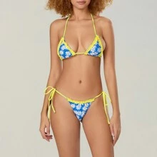 Women's Summer Bikini Set Mini Dot Print Lace Trim Halter Bra With Tie-Up Thong Swimsuit Bathing Suit - 淺藍色 - 查看 2