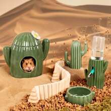 Hamster Hideout Ceramic - Cactus Shape Hamster House And Habitats Cool Bed Ideal For Summer Dwarf Hamster Gerbil Mice Golden Bear (Green-Large)