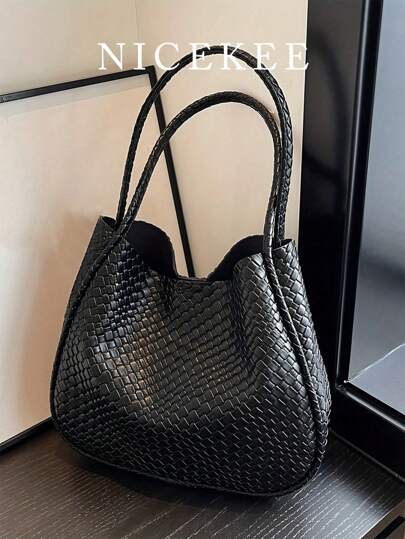 New Autumn And Winter Fashionable Women's Large-Capacity Woven Tote Bag, Casual And Simple Solid Color Portable Shoulder Bag, High-Quality Texture And Elegant Underarm Bag Suitable For Commuting To Work, Going Out Shopping And Dating.