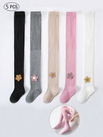 5条装女童及婴儿竖条纹纯色（黑色、白色、灰色、米色）、学院风、公主风、花卉图案连脚打底裤、打底裤、户外裤，百搭可爱，适合春/秋/冬三季穿着。