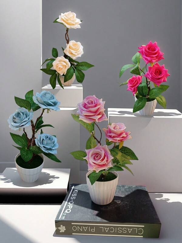 1 قطعة/1 طقم أزهار ورد سيليكون صناعية مزخرفة بقطرات الندى 3 رؤوس وردة صغيرة في إناء زراعي، نبات اصطناعي وهمي لديكور المنزل