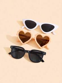 3 件儿童时尚眼镜套装，可爱的粉色心形眼镜，优雅的黑色镜框配银色圆点眼镜，时尚三角形猫眼镜 - 彩色 - 查看 7