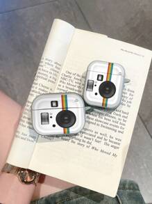 Leren textuur oortelefoonhoesje, creatieve instant camera-stijl beschermhoes compatibel met AirPods Pro 2e generatie, AirPods 1/2/3, draadloze Bluetooth-oortelefoon, minimalistische INS-stijl, zwart en wit