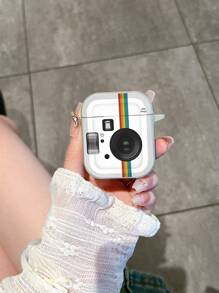 Leren textuur oortelefoonhoesje, creatieve instant camera-stijl beschermhoes compatibel met AirPods Pro 2e generatie, AirPods 1/2/3, draadloze Bluetooth-oortelefoon, minimalistische INS-stijl, zwart en wit