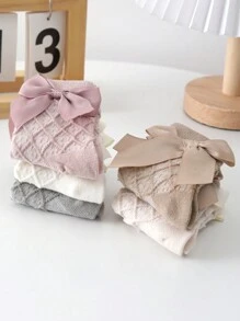 1 Pair Girls Waffle Knit Bow Mid-Calf Socks, Spring/Autumn