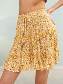 Women's Ruffle Floral Short Skirt High Waist A-Line Tie-Up Pleated Skirts For Summer - 黃色 - 查看 1