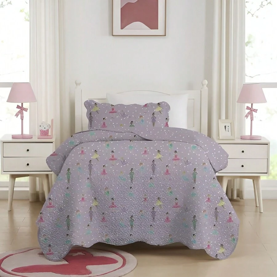 Single Bedspread Quilt Kit For Boy Girl 2 Pieces Children's Printed Bed Pink Blue Green