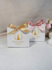 Custom Mini Wedding Favor Boxes: Elegant Boxes With Gold Design ,Names Of The Groom And Bride, Wedding Date, Featuring Lovely Satin Ribbons In Pink And Gold - Perfect For Treats, Chocolates, And Small Gifts For Weddings, Engagements, And Bridal Showers - 11.5x4.5x10cm - View 9