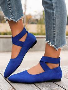 Women Ballet Flats, Classic Comfortable Lightweight Elastic Ankle Strap Solid Color Flat Shoes For All Seasons, Suitable For Party, Ball, Dress, Outdoor, Fashionable Lightweight Elegant Suede-Like Blue Flat Shoes