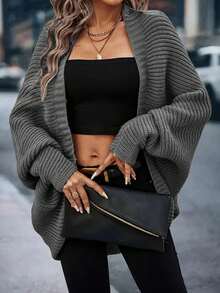 Áo khoác cardigan nữ kiểu dáng thanh lịch, chất liệu móc len, màu trơn, tay cánh dơi, thích hợp mặc hàng ngày và trong các dịp lễ hội, mùa đông. - Màu xám đen - Xem 3