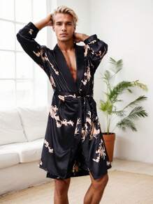 SANOPY Large Size Men's Long Dragon Robe Summer Ice Silk Home Clothes Mulberry Silk Long-Sleeved Robe (Without Shorts) - 黑色 - 查看 3