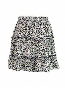 Women's Ruffle Floral Short Skirt High Waist A-Line Tie-Up Pleated Skirts For Summer - Navy Blue - View 5