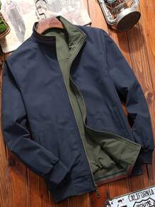 Men's Casual Jacket With Double Sided Stand Collar, 100% Polyester, Solid Color, With Zipper, Woven Fabric And Polyester Lining - xanh quân đội - Xem 3