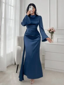Women's Elegant Robe Dress With Waist Ruffle, Long Sleeve Evening Gown, Spring/Summer