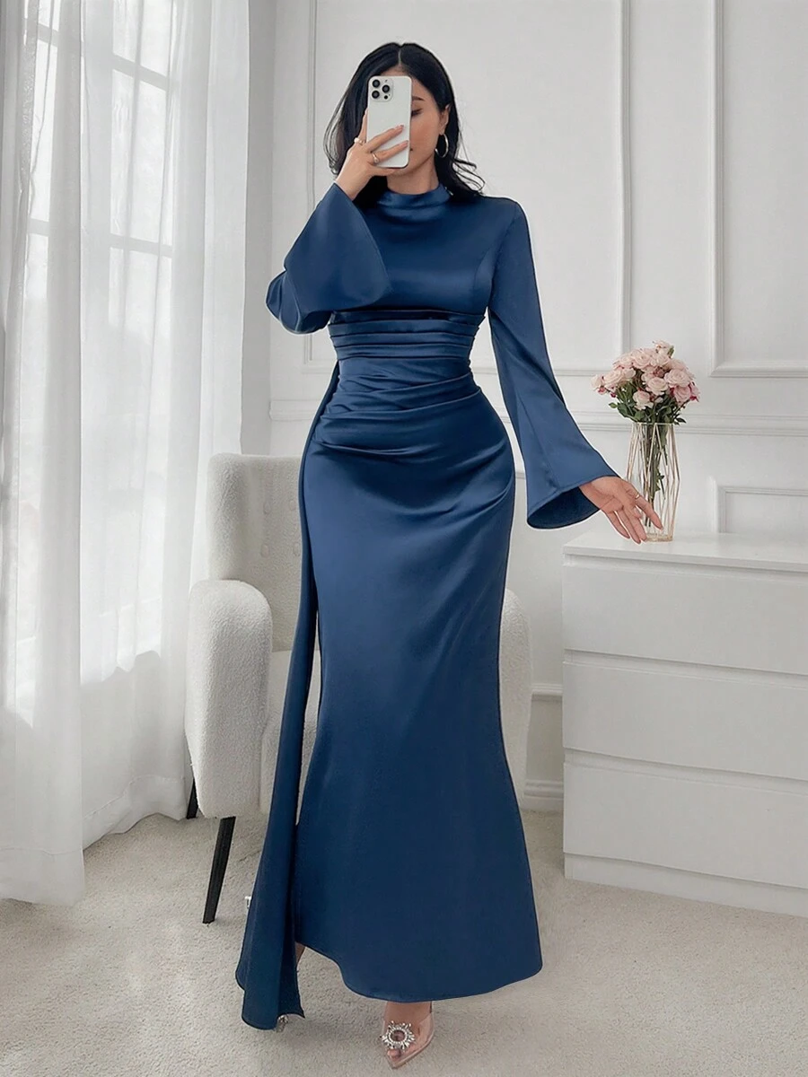 Women's Elegant Robe Dress With Waist Ruffle, Long Sleeve Evening Gown, Spring/Summer