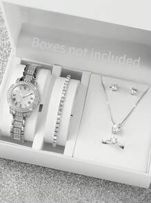 6er Set Modische, Lässig Quarz Armbanduhr für Damen mit römischem Zifferblatt & Stahlarmband + Schmuckset (ohne Uhrenetui)