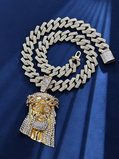 链上的闪光嘻哈耶稣头吊坠，男女时尚配饰，适合派对、节日、户外活动