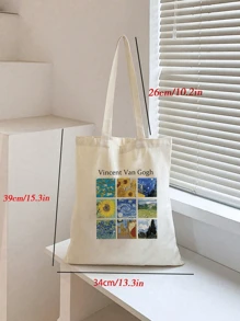 1 件黑色时尚九幅油画拼布印花女士帆布手提包，便携式购物袋返校，学校手提包，经典休闲，适合少女女大学生，非常适合返校、大学、中学、高中、购物