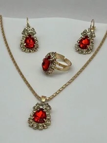 3 Bộ đá hình giọt nước châu Âu và Mỹ bao gồm vòng cổ, bông tai và nhẫn - Vàng - Xem 3