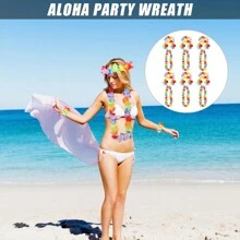 24 Pcs Hawaiian Garlands, Hawaiian Leis Set With Necklace Headbands Bracelet, Tropical Theme Party Decorations Vibrantly Colored Hawaiian Fancy Dress Luau Flower Essential Tropical Decorations(There Are A Total Of 6 Sets, Each Set Containing 4 Pieces, For A Total Of 24 Pieces)