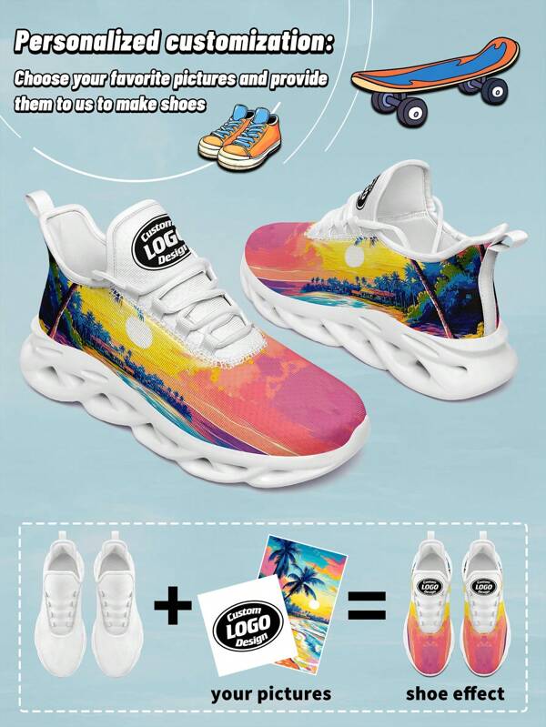 1 Pair Custom Men's Sports Shoes, Personalized Customized Your Photo And Name, Unique Customized Gifts With Breathable Mesh Design, Fashionable And Comfortable Thick Sole Sneakers, Stylish And Soft Athletic Footwear For Men And Women