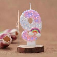 1pc Unicorn Theme Shiny Powder White Sequin Decor Gradient Cute Tricolor Rainbow Cloud, Symbolizing Romantic Happiness, Creative Handmade DIY Cake Topper Numbers 0-9 Happy Birthday Celebration, Interesting Glitter Birthday Candles Cake Decor