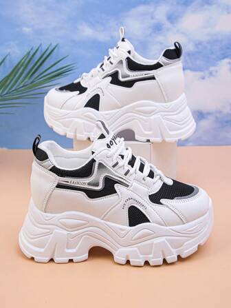 女士厚底厚底运动鞋，春秋厚底厚底运动鞋，低帮休闲鞋，适合娇小女性，防滑透气面料衬里，减震