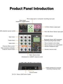 Aveek Professional Audio Mixer, Sound Board Mixing Console With 4 Channel Digital USB Bluetooth Echo Delay Effect, Input 48V Phantom Power Stereo DJ Mixers For Recording, Live Streaming, Podcasting - màu đen - Xem 6