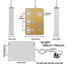 电源 7 合 1 扁平插头电源插座延长线，4 个 USB 充电端口延长插座，壁挂式，一键电源控制，过载保护，13A 3120W 电源插座，黑白金，适用于家庭办公室