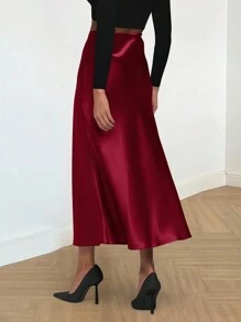 Women's Satin Silk High Waist Flare A-Line Midi Skirt Solid Color Spring Summer Fall Autumn Skirt Cocktail Valentine Day Wedding Elegant Valentine Midi Skirt - 酒紅色 - 查看 2