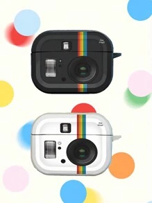 Leren textuur oortelefoonhoesje, creatieve instant camera-stijl beschermhoes compatibel met AirPods Pro 2e generatie, AirPods 1/2/3, draadloze Bluetooth-oortelefoon, minimalistische INS-stijl, zwart en wit