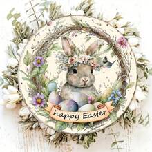 Happy Easter Bunny And Egg Wreath Sign - Round Wood Spring Decoration For Homes, Walls, Doors - Perfect For Farmhouses And Porches