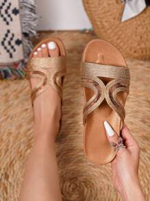 Flache Sandalen für Damen Große Größen, Ausschnitt Kreuz Grenze flache Strass Beach Damenschuhe, Boho bequeme Damenschuhe Sommer - Champagnerfarben - Übersicht 1
