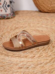 Flache Sandalen für Damen Große Größen, Ausschnitt Kreuz Grenze flache Strass Beach Damenschuhe, Boho bequeme Damenschuhe Sommer - Champagnerfarben - Übersicht 7