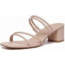 Athlefit Women's Strappy Block Chunky Heels Fashionable Square Open Toe Slip On Heeled Sandals - Nude - View 2